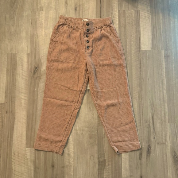 Madewell Tan Cotton-Linen High Rise Tapered Gauze Button Front Pants - Picture 4 of 7